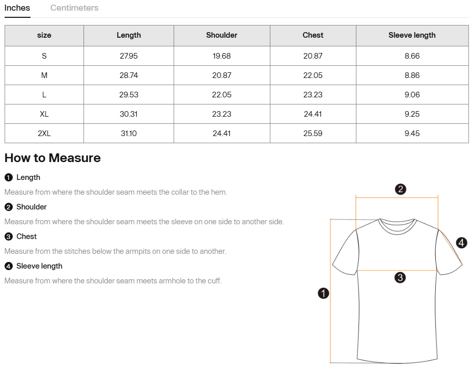 Sunset Oversized Tee Size Chart